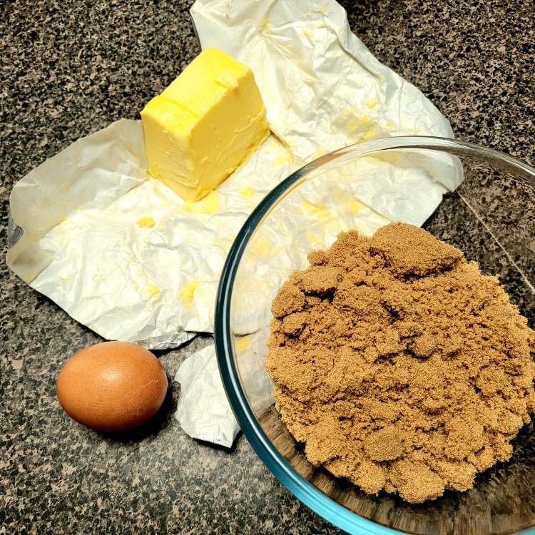 Butter , egg and brown sugar ready to be mixed