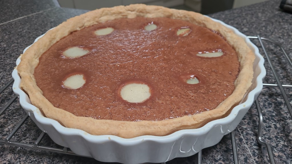 Pear and chocolate tart fresh from the oven.